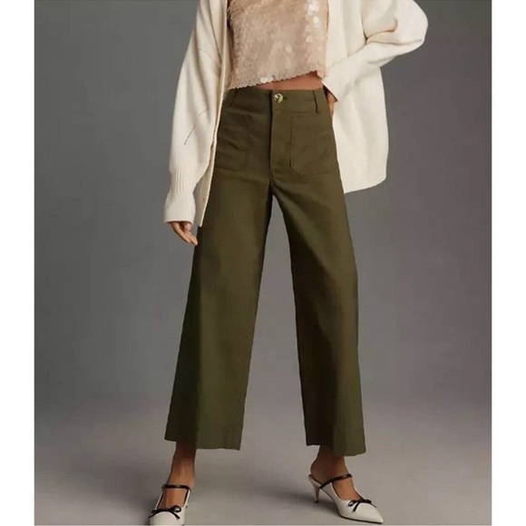 Anthropologie The Colette Linen Cropped Wide Leg Pants Maeve Edition Green 27 - Picture 1 of 9